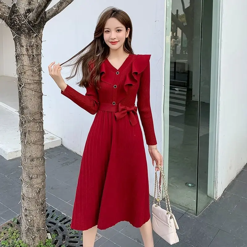 

Женское трикотажное длинное платье, повседневное однотонное платье-трапеция с V-образным вырезом и длинным рукавом, с оборками, в Корейском ...