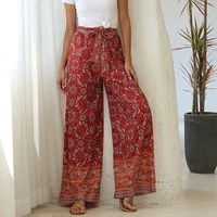 boho vintage floral print bandage high waist wide leg pants women casual loose streetwear plus size beach long trousers