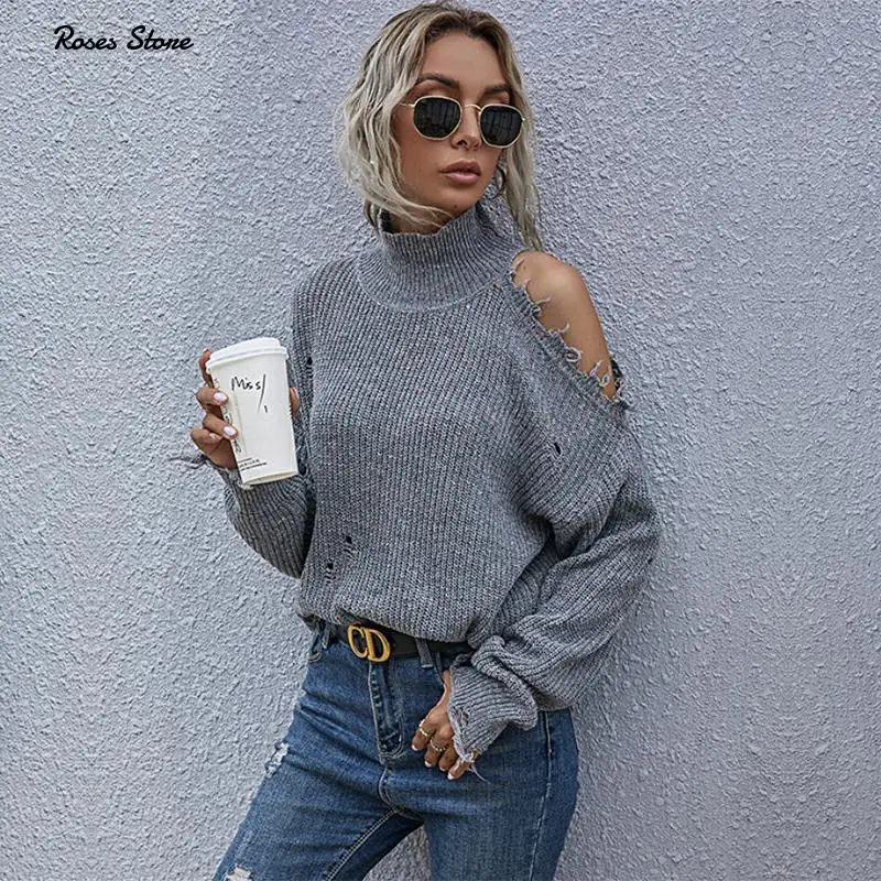 Свитер женский трикотажный с открытыми плечами и воротником-хомутом | Женская