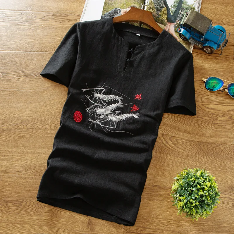 

2021 Men's Summer Suit Linen Short-Sleeved T-shirt Casual Embroidered Chinese Style Cotton and Linen T-shirt Two Pieces