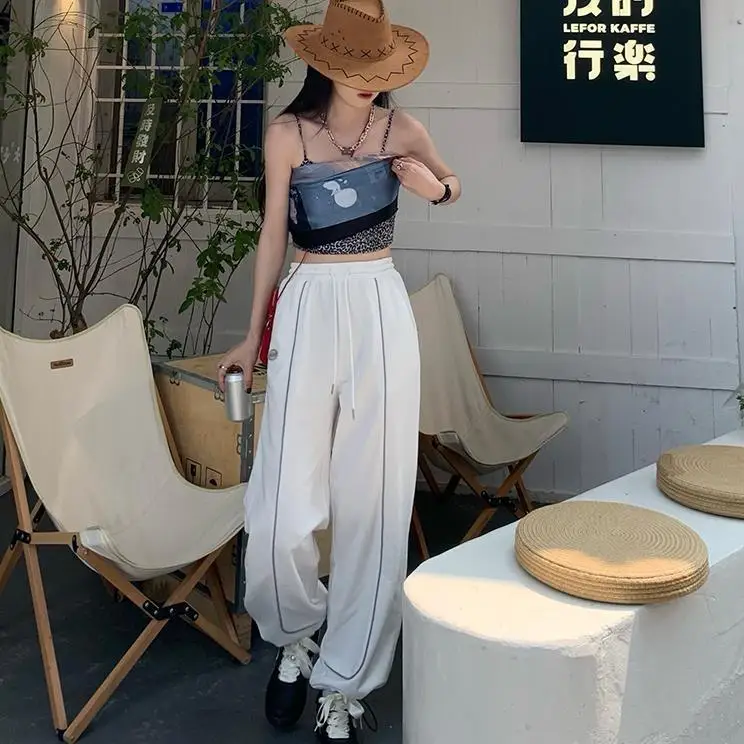 

Ins trendy white sports pants women's 2021 new thin pants loose wide legs show thin casual legged pants spring and Autumn