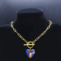 stainless steel blue sector imperial stone heart necklace women gold color chain necklace jewelry acier inoxydable nxs04
