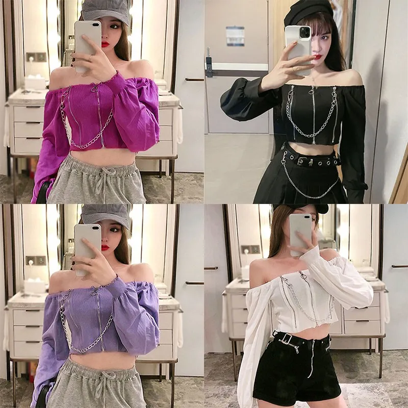 

Autumn Women Blouse Sexy Slash Neck Chain Palace Style Puff Sleeve Slim Shirt Solid Color Top/