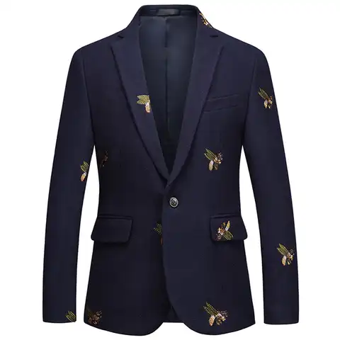 Эксклюзивный модный шерстяной мужской повседневный деловой блейзер с вышивкой мужской облегающий пиджак темно-синий свадебный банкет