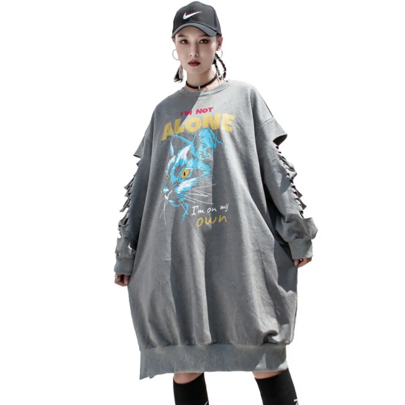Женская Длинная толстовка размера плюс Осень зима серый свитер с принтом пальто