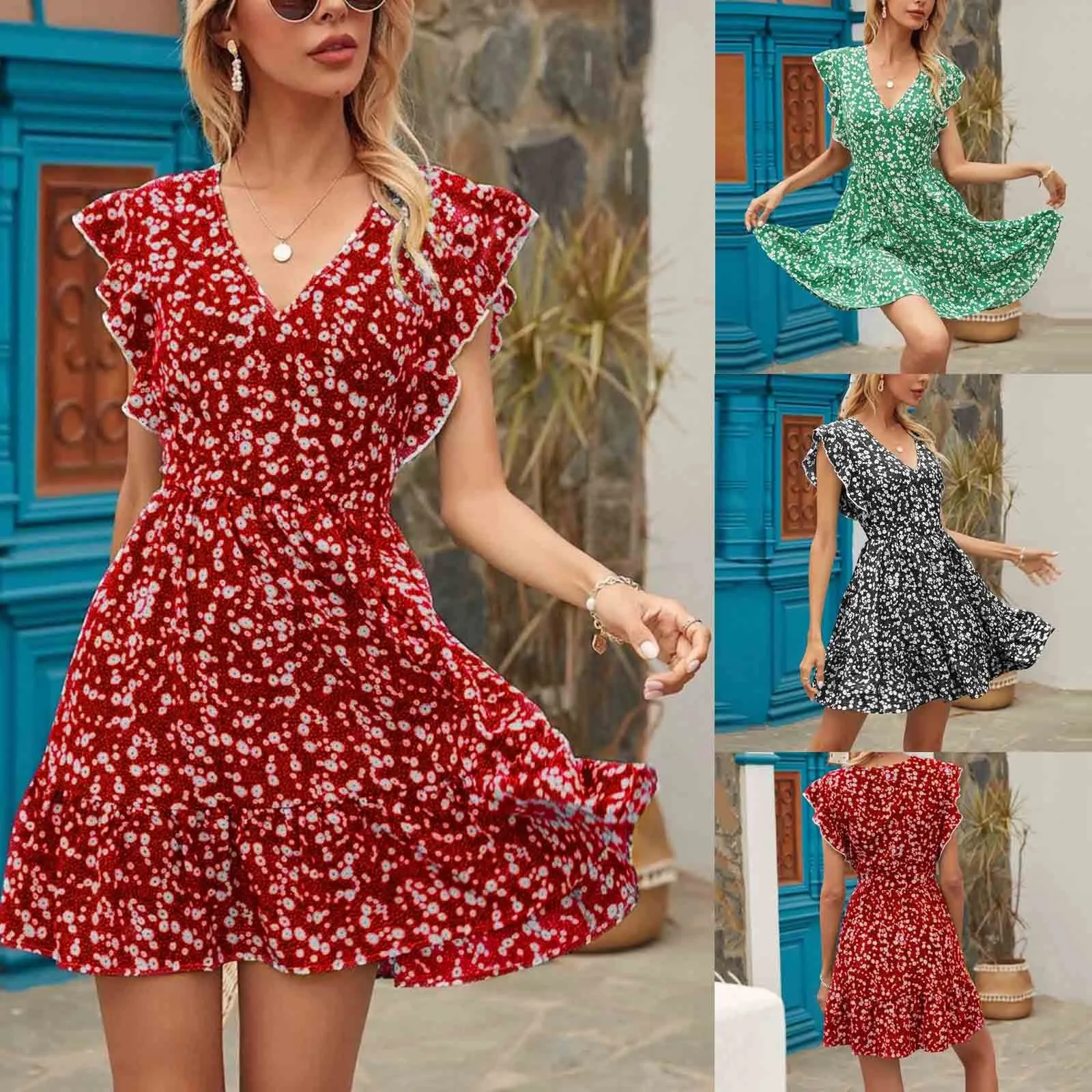 

60# Summer Dress 2021 Women's Casual Fashion Flowers Sleeveless V-neck All-match Dress Plus Size Women Clothing Ruffle dress