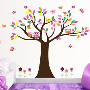 

Colorful owl big tree cartoon wall sticker children's room kindergarten background decoration