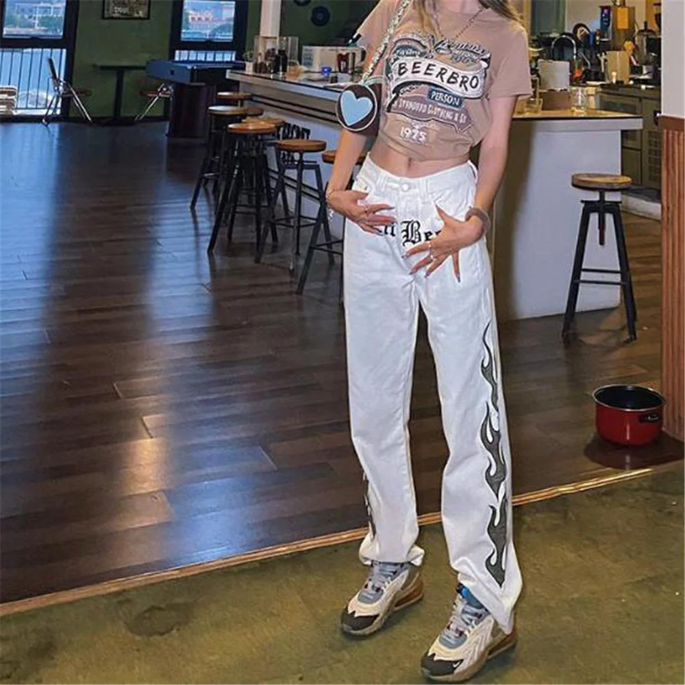 Женские прямые джинсы в стиле Харадзюку белые готические брюки из денима хип-хоп