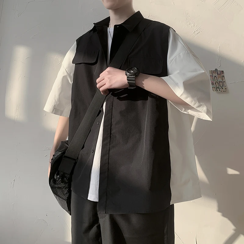 

LONGHENG Fake two short-sleeved shirts men's spring and summer loose shirts