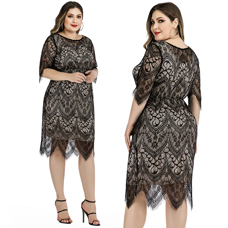 Размера плюс дамы платье для банкета элегантное Летнее кружевное с коротким