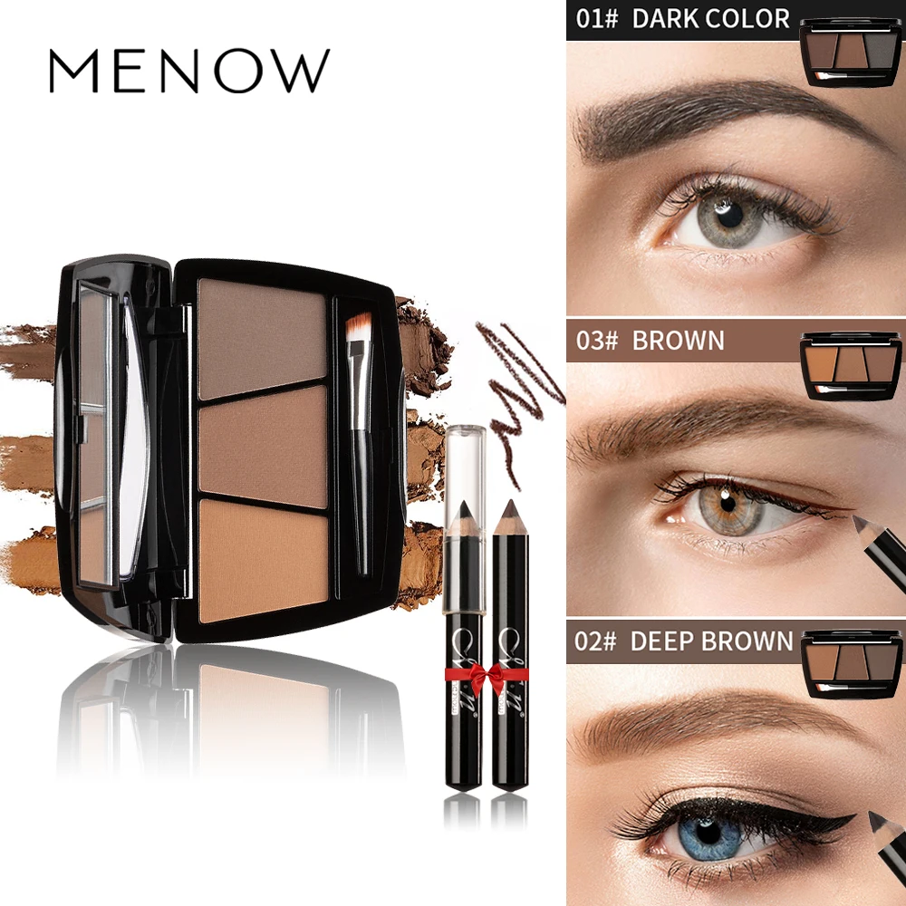 

3 Color Eyebrow Powder Palette Cosmetic Eye Brow Enhancer Waterproof Makeup Brow Tint with Brush Mirror Black Brown Eyeliner Pen