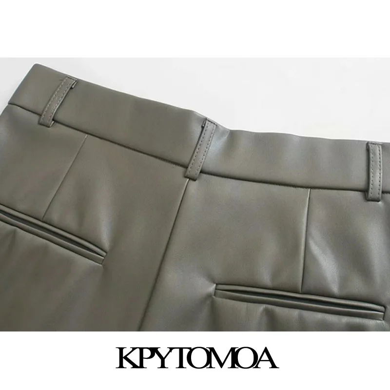 

KPYTOMOA Women 2021 Chic Fashion Faux Leather Pleated Shorts Vintage High Waist Zipper Fly Side Pockets Female Short Pants Mujer