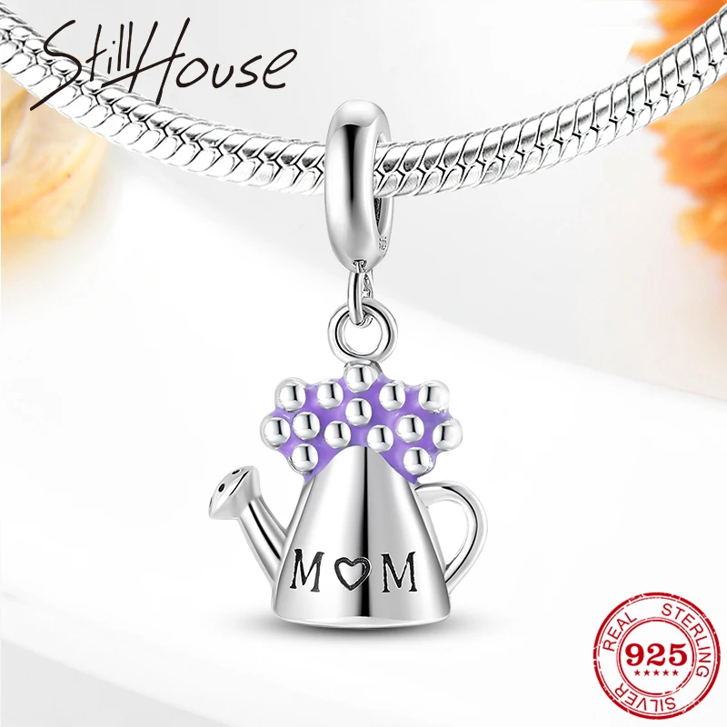 Лейка цветы горшок фиолетовая эмаль семья мама серебряные бусины 925 пробы