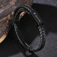 trendy black genuine leather braided bracelet for men women length adjustable stainless steel buckle custom name jewelry