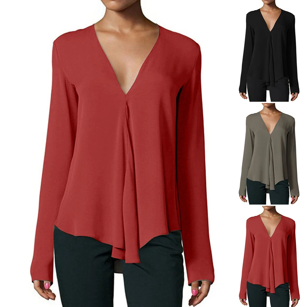 

Long Sleeve Casual Blouses Fabala V Neck Ladies Loose Top Chiffon