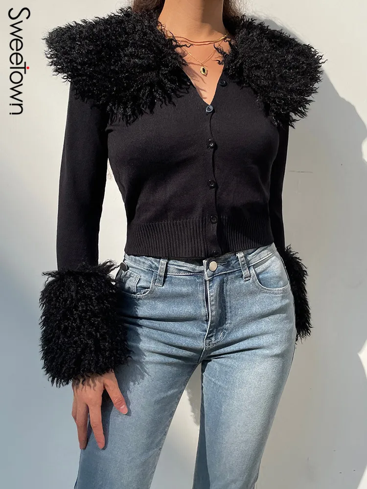 

Sweetown Autumn 2021 Fur Trim Cute Y2K Cardigan Jackets Women Single Breasted Elegant Fashion HighStreet Long Sleeve Sweats Tops