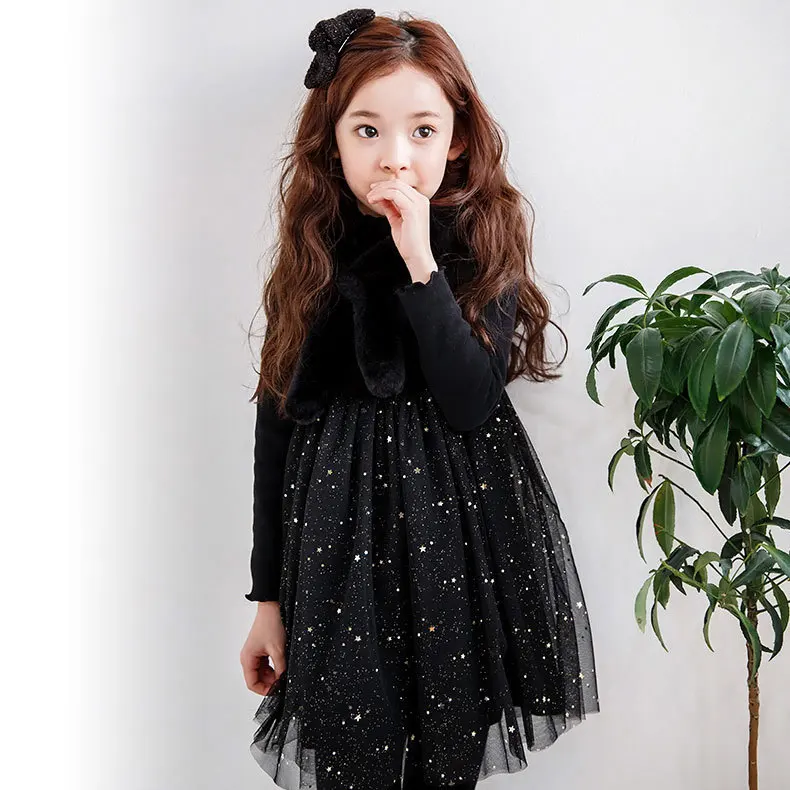 Black Girls Dresses Velvet Long Sleeve Princess Party Frocks Fall Winter Bling Stars Tulle Dress Christmas Children's Clothes | Детская
