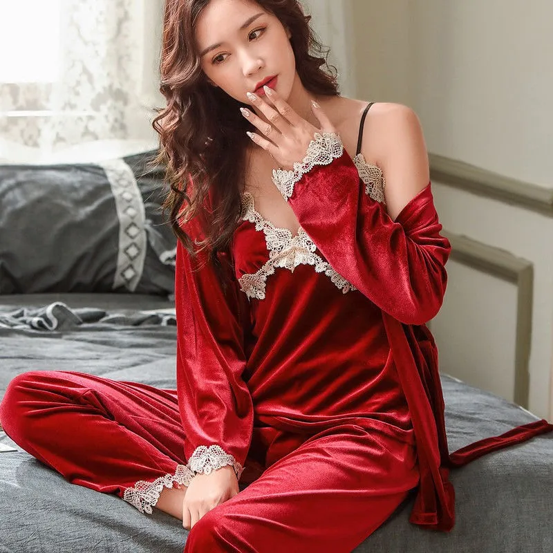 Сексуальный кружевной комплект из 3 предметов ночная рубашка и халат женский