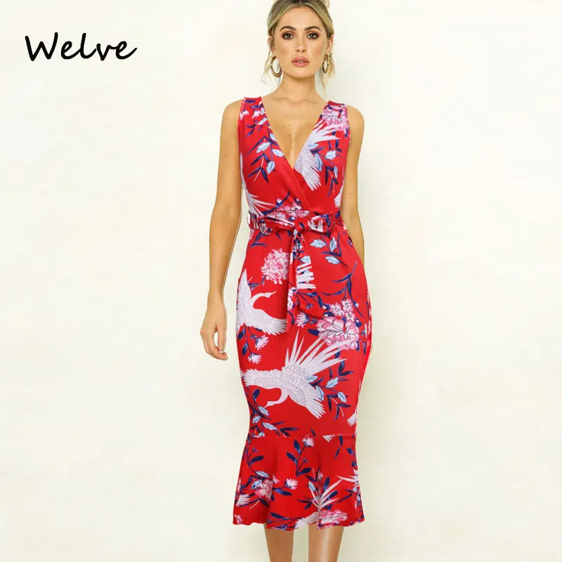 Welve красное платье Летнее модное сексуальное с принтом листьев лотоса костюм