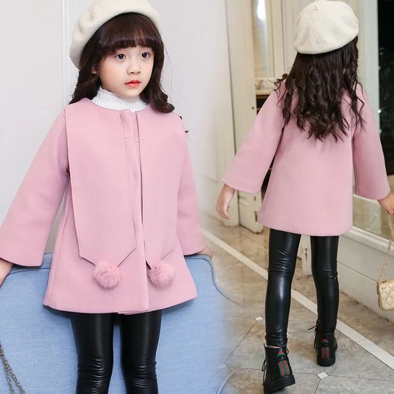 Милое школьное детское шерсятнное пальто для девочек однобортное с бантом