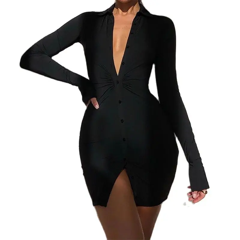 

2021 Fashion Women Spring Long Dress Button Solid Color Office Ladies Dress Autumn Sexy Tight Clothes Drop Shipping