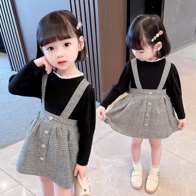 

Girls Princess Dress Suit 2021 Autumn New Korean Lace Collar Blouse+suspender Dress Suits Children's Plaid Strap Dress Sets 2-7Y