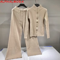 alphalmoda 2021 new fashion zipper top casual knitted pants suit womens loose wide leg pants casual 2pcs loungewear set