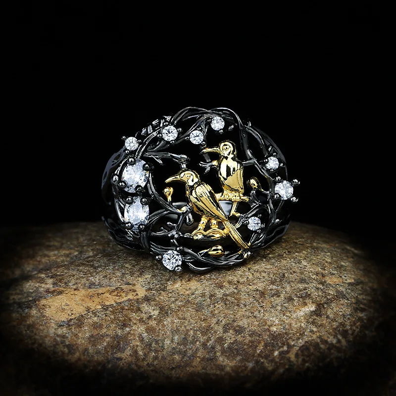 

CIZEVA Ring for Women Hollow Vintage Bird Ring Ladies Two Tone Black Gold Color Cocktail Party Zirconia Rings Anniversary Gift