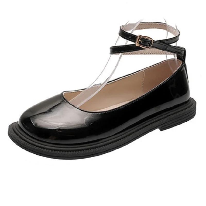 

British Korean Style Buckle Flat Round Toe Solid Color Ladies Small Leather Shoes Summer Fashion Temperament Single Shoes.