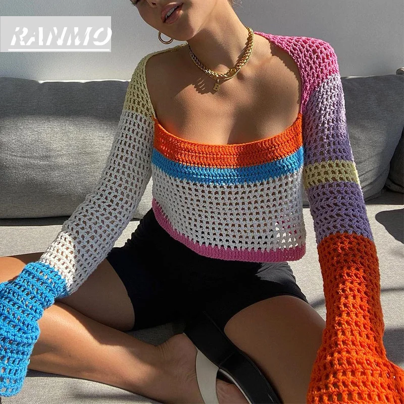 

Knitted Long Sleeve Crop Top Women Beach Y2K Autumn Summer Patchwork Vintage Green Casual T Shirts Sexy Fashion