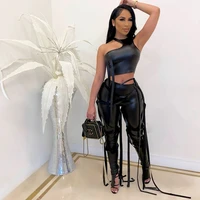 pu leather one shoulder two piece set women top and pants sets club party bodycon sexy matching outfits festival clothing rave