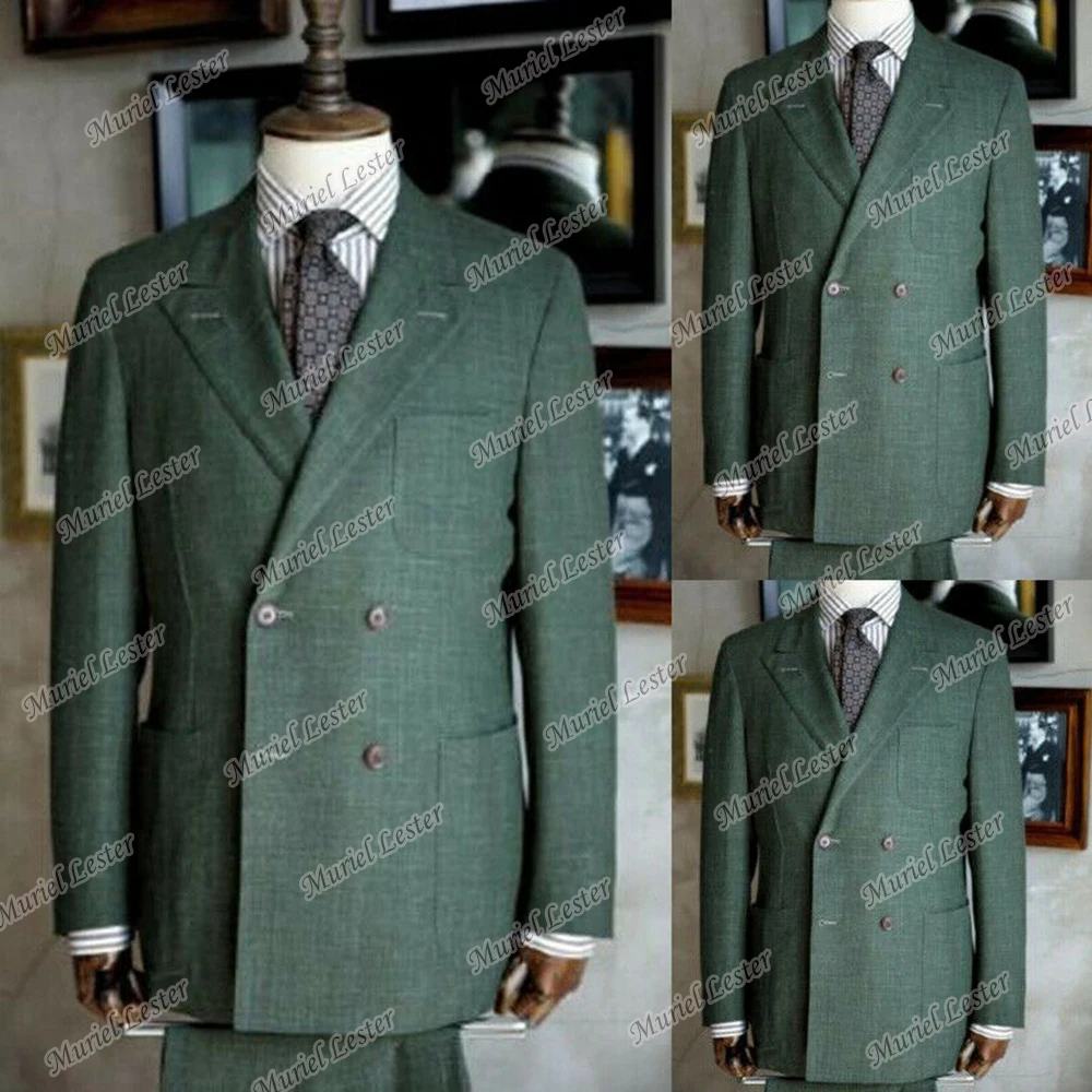 

Summer Green Linen Men Suit Wedding Tuxedo Double-Breasted Jacket Peak Lapel Blazer 2 Pcs Prom Dress Costume Homme Mariage 2021
