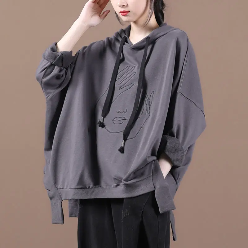 

Autumn Women Hoodies Pullover New Style Korean Loose Large Size Vintage Hooded Embroidery Irregular Long Sleeve Sweatshirt k1104