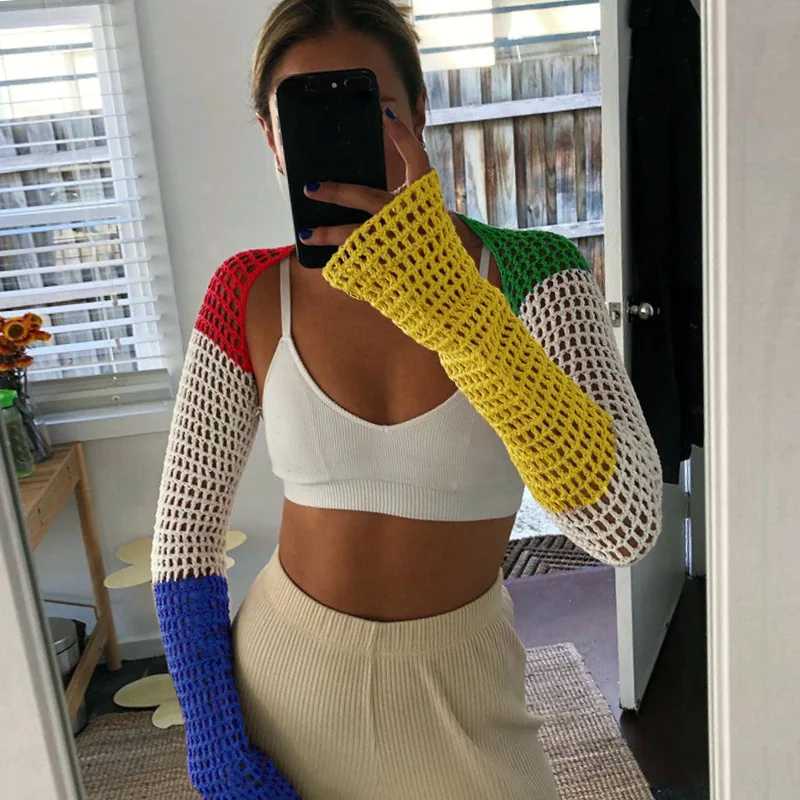 

Sexy Patchwork Crocheted Shawl Crop Top Long Sleeves Mini Cover-ups Knitted Hollow Out T-shirt Women Fashion Streetwear Y2K