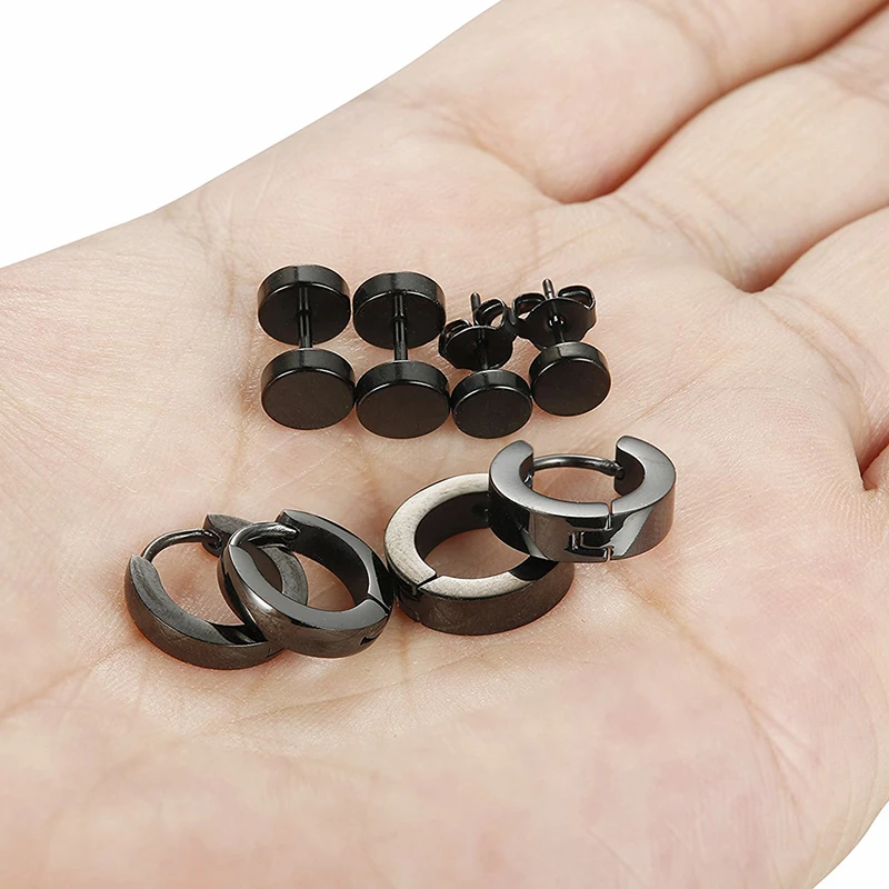 

1 Set 4 Pair Different Types Shape Unisex Black Color Stainless Steel Piercing Earring For Women Men Punk Gothic Barbell Earring