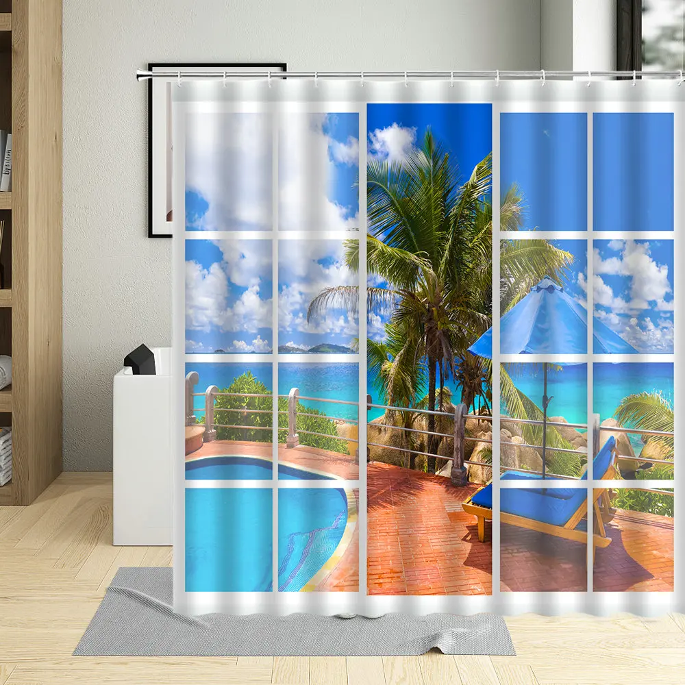 

3D Window View Summer Day Seaside Shower Curtain Sandy Beach Coconut Trees Seagull Bathroom Home With Hook Washable Fabric Suit