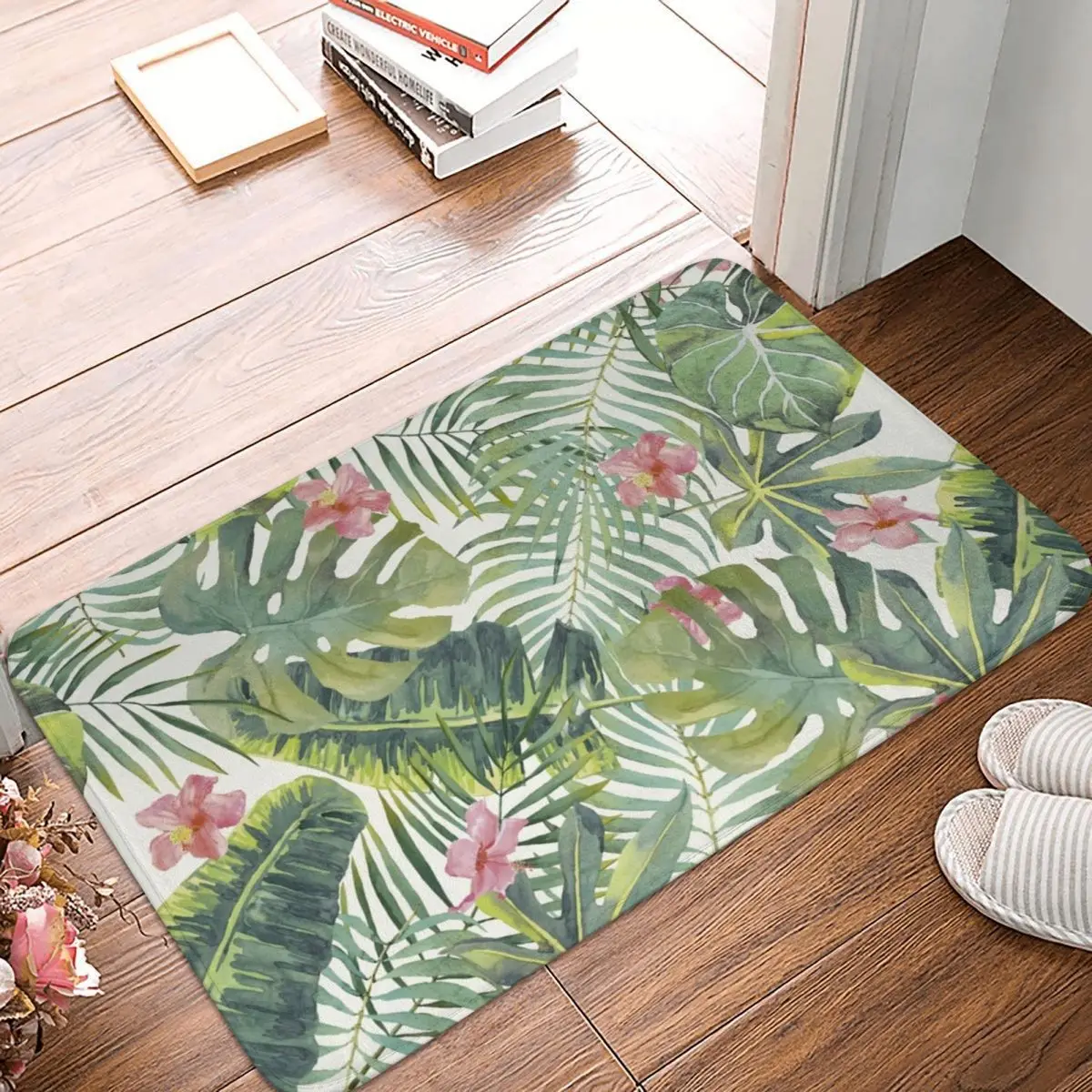 Коврик с тропическими листьями нескользящий из полиэстера | Дом и сад