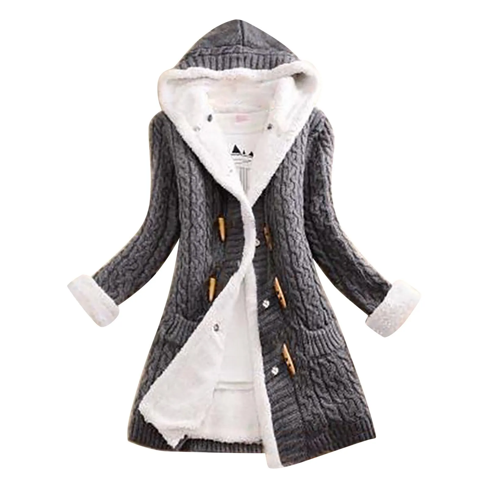 

Hoodies Women Casual Knit Button Long Sleeve Cashmere Thick Warm Hooded Cardigan Coat Thickened Down Padded Top Con Capucha