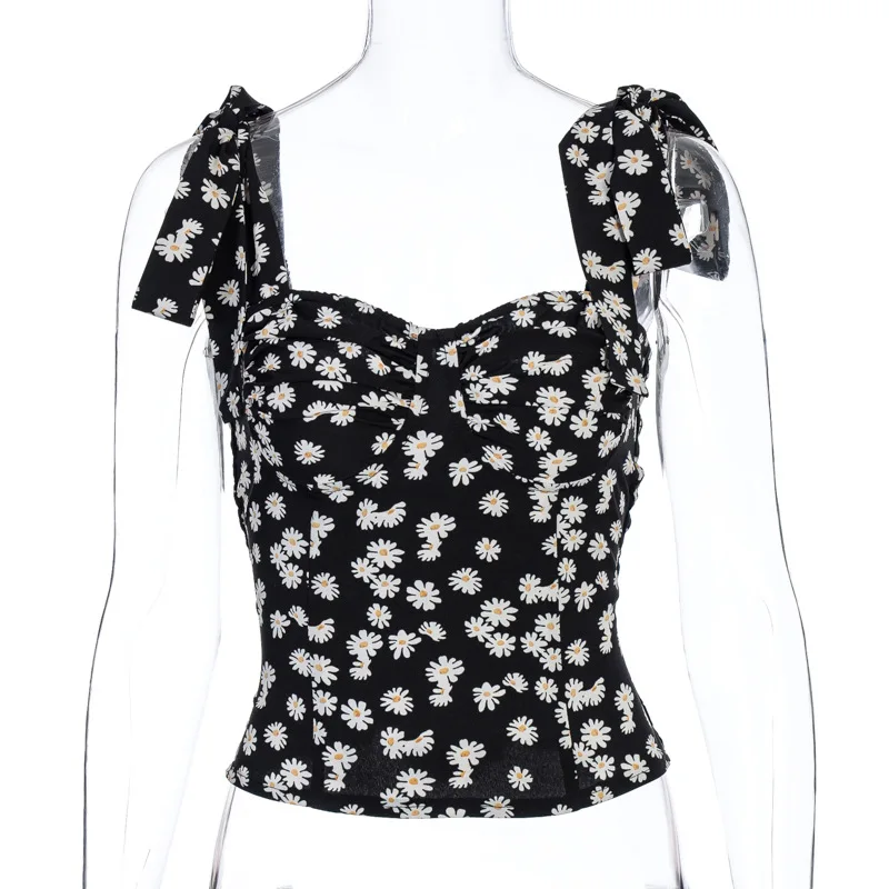 

Spring And Autumn New Women's Sexy Small Daisy Print Lace-up Collar Pullover T-shirt Fashion Streetwear Top