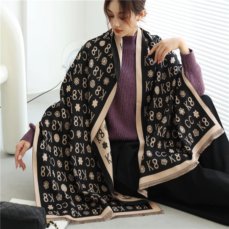 

Popular 2022 New Winter Scarf Women Print Letter Thick Cashmere Pashmina Warm Blanke Shawl Wrap Travel Decorate Foulard Echarpe