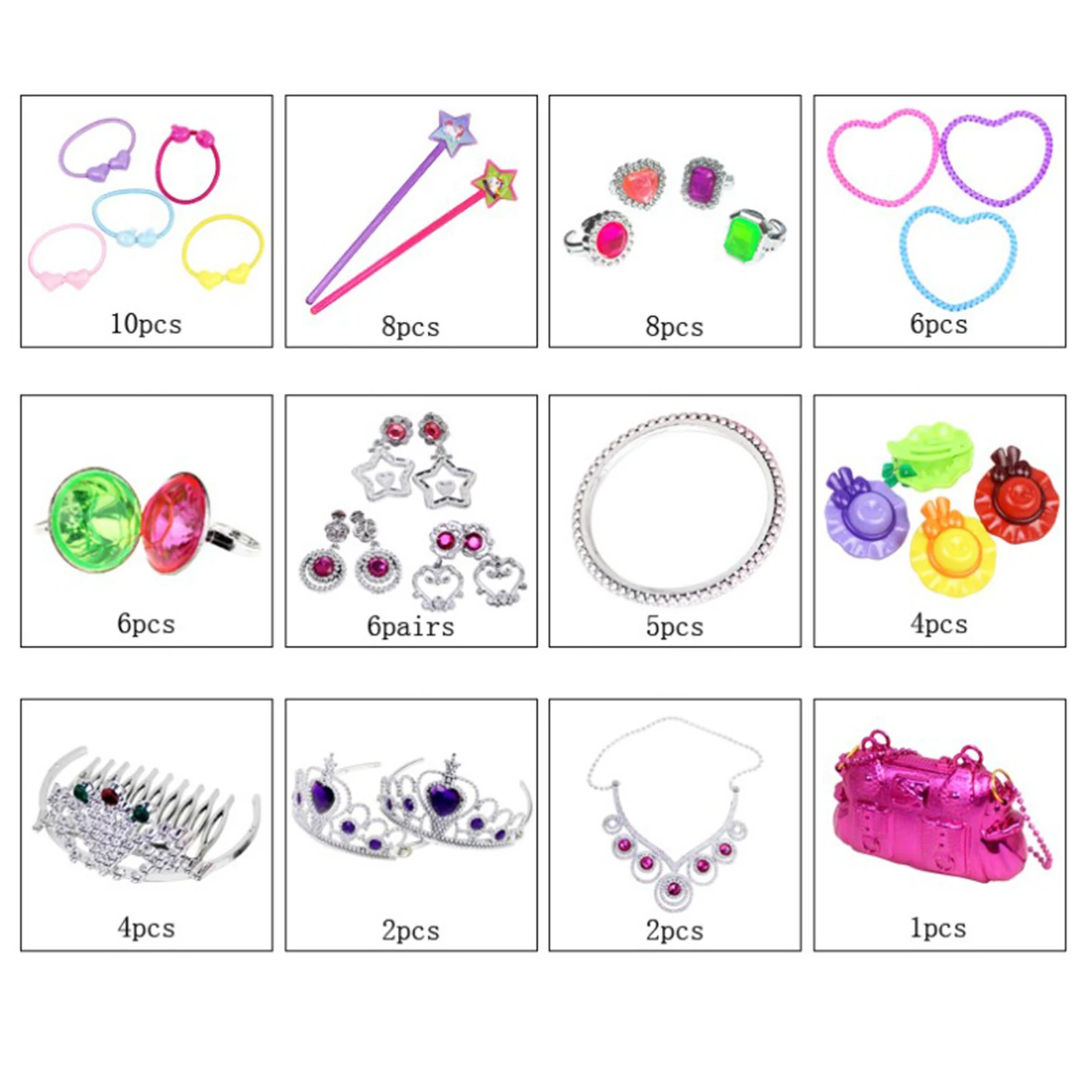 

60Pcs Princess Pretend Jewelry Decor Toys Head Rope Necklace Earring Ring Wand Jewelry Dress Up Play Set for Girls Birthday Gift