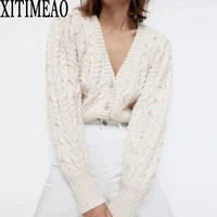 za women new autumn winter knitted pearl decorati loose knit sweater coat retro solid color v neck knitted cardigan jacket
