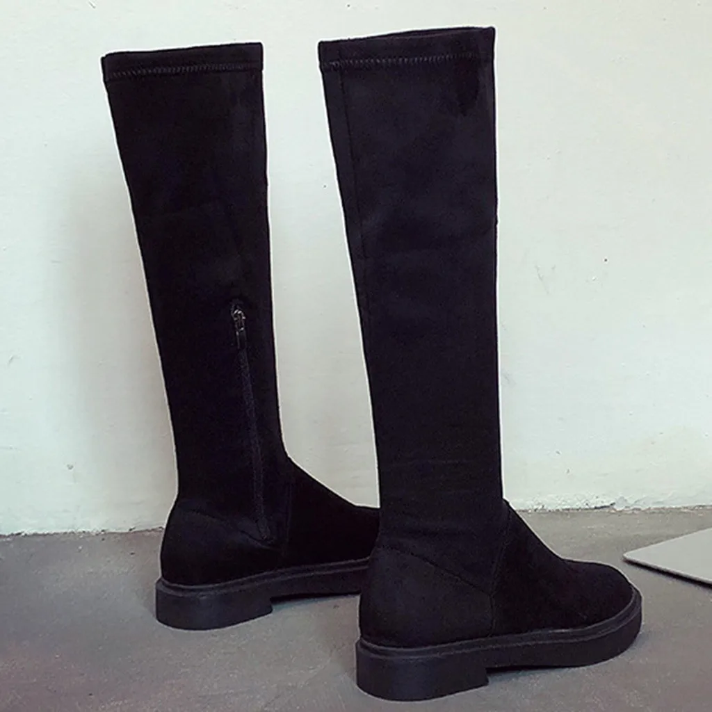 Новые рыцарские сапоги модные однотонные на низком каблуке с круглым носком