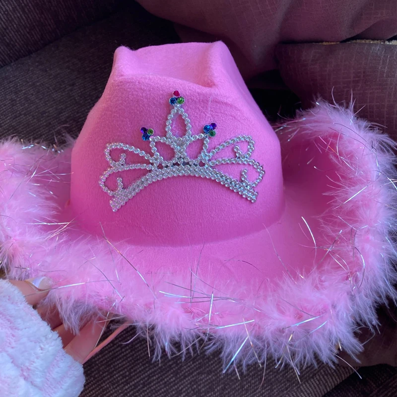 

Western Style Pink Tiara Cowgirl Hats for Women Girl Rolled Fedora Caps Feather Edge Beach Cowboy Hat Sequin Western Party Cap