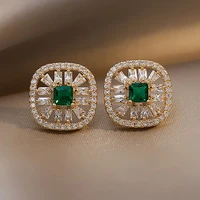 2022 new korean hollow square gold color green cz small stud earrings for womens fashion versatile simple earrings jewelry