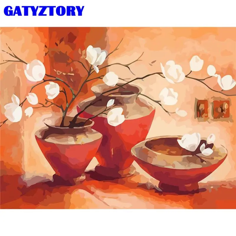 

GATYZTORY Painting By Numbers Kits For Adults Children White Flower In Pot Paint By Number Handmade 60x75cm Frame Home Decor