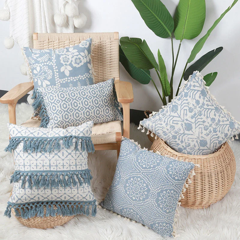 

Blue Tufted Embroidery Print Throw Cushion Cover Cushion Cover With Tassel Office Sofa Home Pillowcover Outdoor Pillowcase 40840