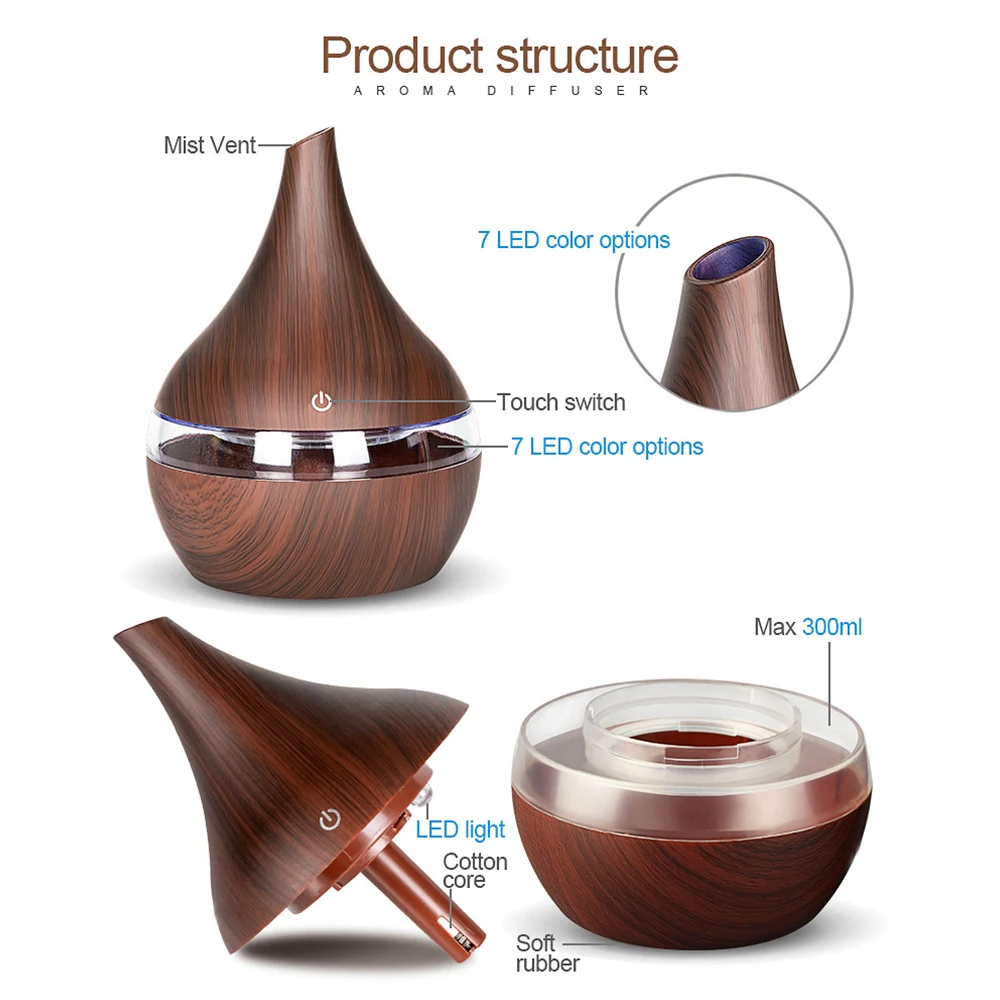 300ml USB Electric Aroma air diffuser wood grain Ultrasonic humidifier cool mist maker with 7 colors lights | Бытовая техника