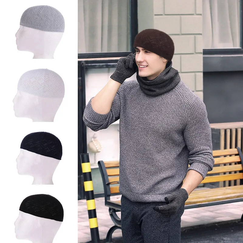 

Unisex Men Adults Cotton Knitting Hats Men's Skull Cap Muslim Islamic Prayer Hat Head Wear Solid Casual Male Leisure Fashionable