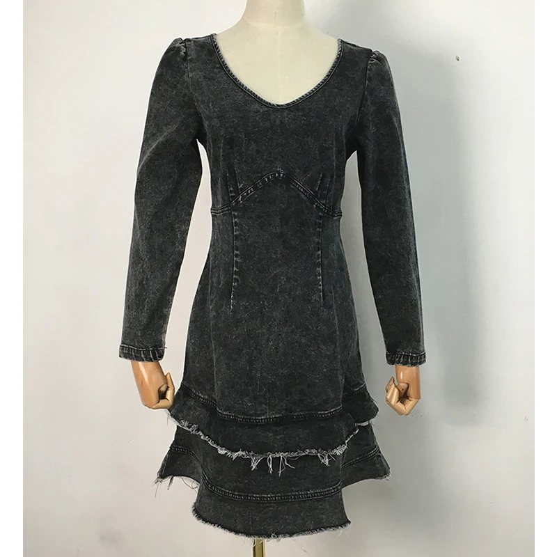 

Women Long Puff Sleeve V Neck Denim Dress 2020 Autumn Winter New Casual Ruffles Bodycon Zipper Female Slim Grey Jeans Dresses